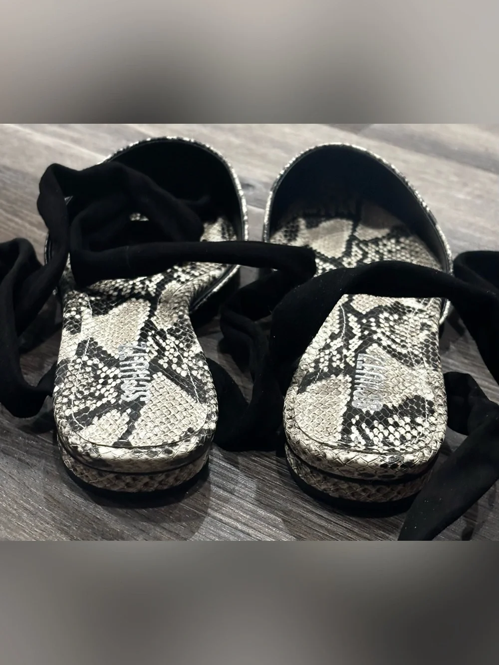 NIB Schutz Barbrah Snake Print Tie Ankle Ballet Flats Black Gray 9.5 Balletcore